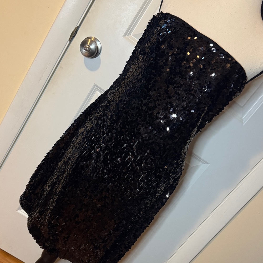 Aidan Mattox Solid Black Sequin Mini Strapless Dr… - image 1